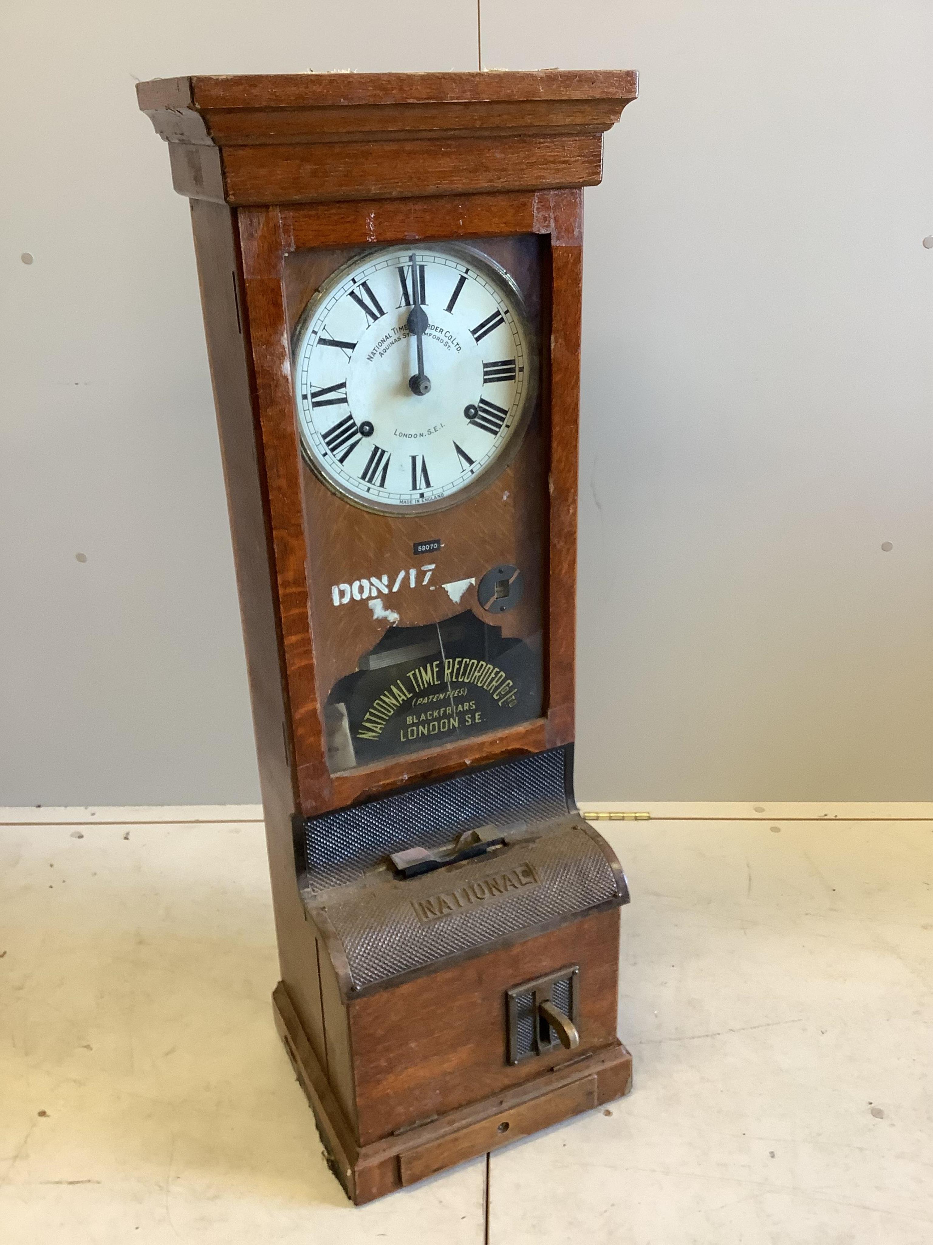 A National Time oak cased recorder, clocking-in clock, height 110cm. Condition - fair